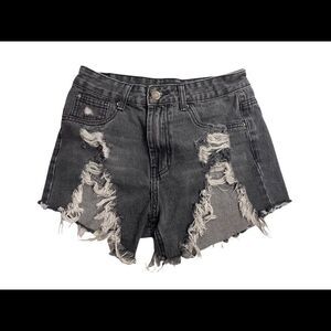 MOMOKROM,‎ Dolls Kill, distressed shorts, gray-black,raw edge, UK 8,US Size 4